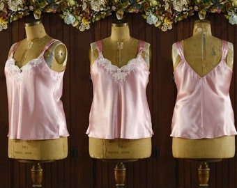 soft pink shiny satin embroidered  bodice lingerie slip dress chemise mini cami 90's // 'Oscar De La Renta' pink label // 40 XL Extra Large