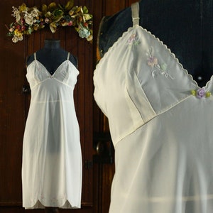 white velvet soft Satin empire waist embroidered bodice lingerie full slip dress 1990&#39;s // Barbizon // 36 M Medium