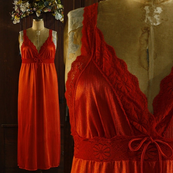 Sunset orange nylon lace empire waist ribbon trim nightgown dress 80's // Gilead // 40 XL Extra Large