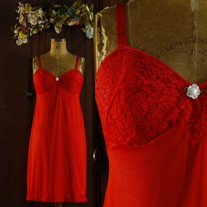 Corvette red empire waist lace chiffon bodice nylon lingerie slip dress 50&#39;s // Formfit Rogers // 32 XS Extra Small