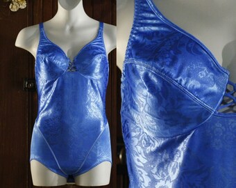 Electric blue leotard stretch top teddy romper bodysuit body shaper 90's // Vanity Fair // 38B L Large