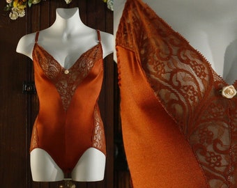 Justaucorps stretch orange brûlé teddy barboteuse body body shaper 70's // Maidenform « Private Affair » // 36 M Medium