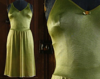 green shiny leotard stretch top Midi slip dress 80's // Warner's Perfect Measure // 36 M Medium 38 L Large