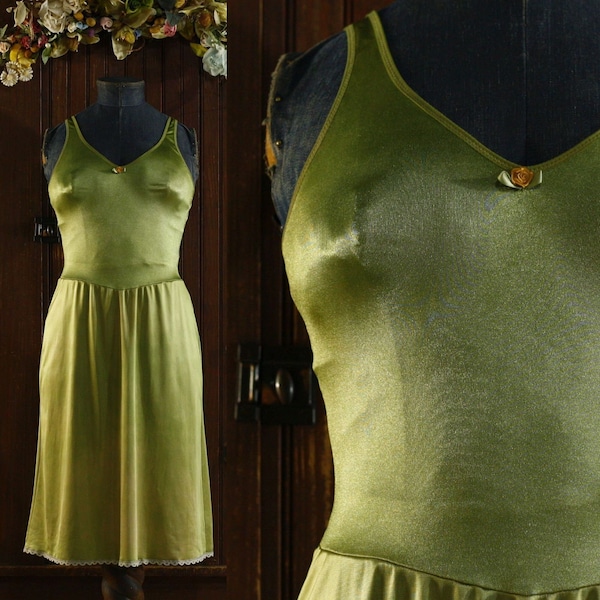 green shiny leotard stretch top Midi slip dress 80's // Warner's Perfect Measure // 36 M Medium 38 L Large