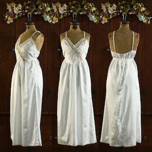 Ivory shiny satin embroidery & lace trim long nightgown ILGWU wedding lingerie dress 70&#39;s // Victoria&#39;s Secret Crown Gold Label // M