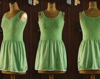 lime green sheer lace stretch bodice ballet style ultra mini slip dress 80's // XS