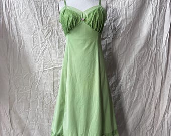 1950's vintage 'Van Raalte' hand dyed Kelley green chiffon lace empire princess waist full slip dress lingerie negligee 34 SMALL MEDIUM
