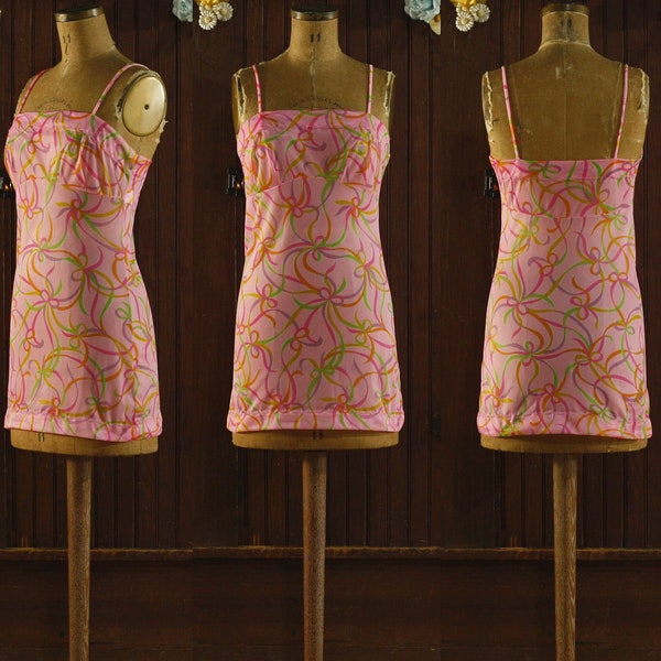 pink bows & ribbon colorful print sheer chemise tunic nightgown ultra mini slip dress 60's // Crillium ILGWU // 32