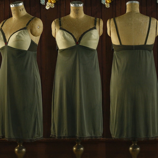 moss green & beige soft padded cups stretch bra slip dress 60's // 38 C