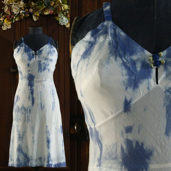 Blue and white tie dye cotton blend empire waist … - image 1