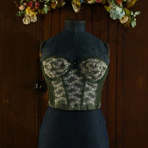 Green Backless Bustier Corset boned Bra 36B Lace Underwire 1970&#39;s lingerie longline bustier strapless //&#39;Backless&#39; by Young Smoothie // 36 B