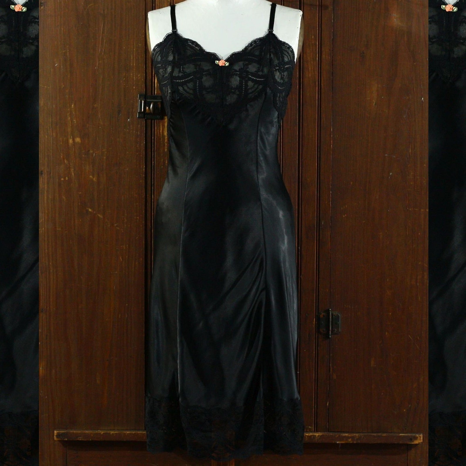 Ink Black Floral Lace Trim Empire Waist Silky Satin Nylon Lingerie Full ink-black-floral-lace-trim-empire-waist-silky-satin-nylon-lingerie-full
