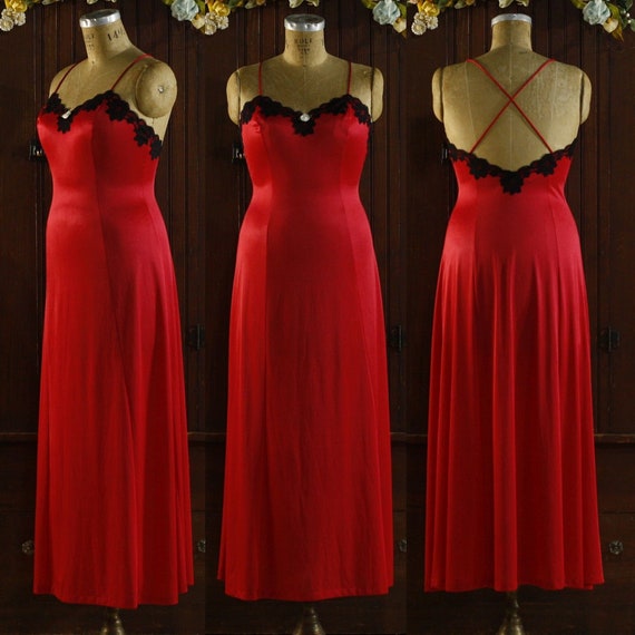 long Candy Apple Red Maxi Black floral lace night… - image 1