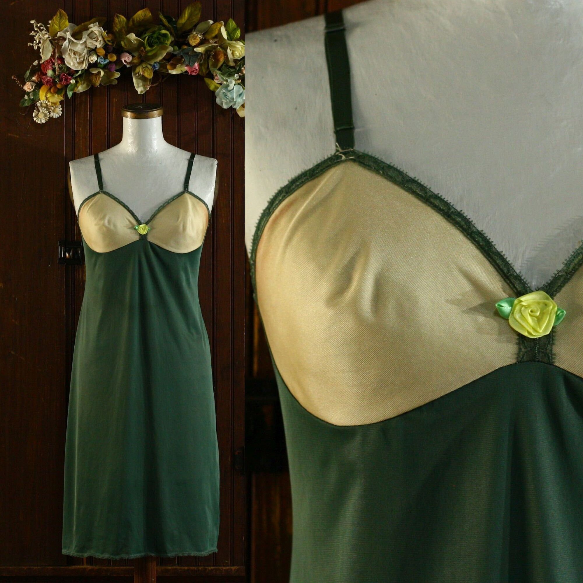 knee length dresses for ladies 1950's Green Slip Dress with Cream Lace – Eveliina Vintage main image 1