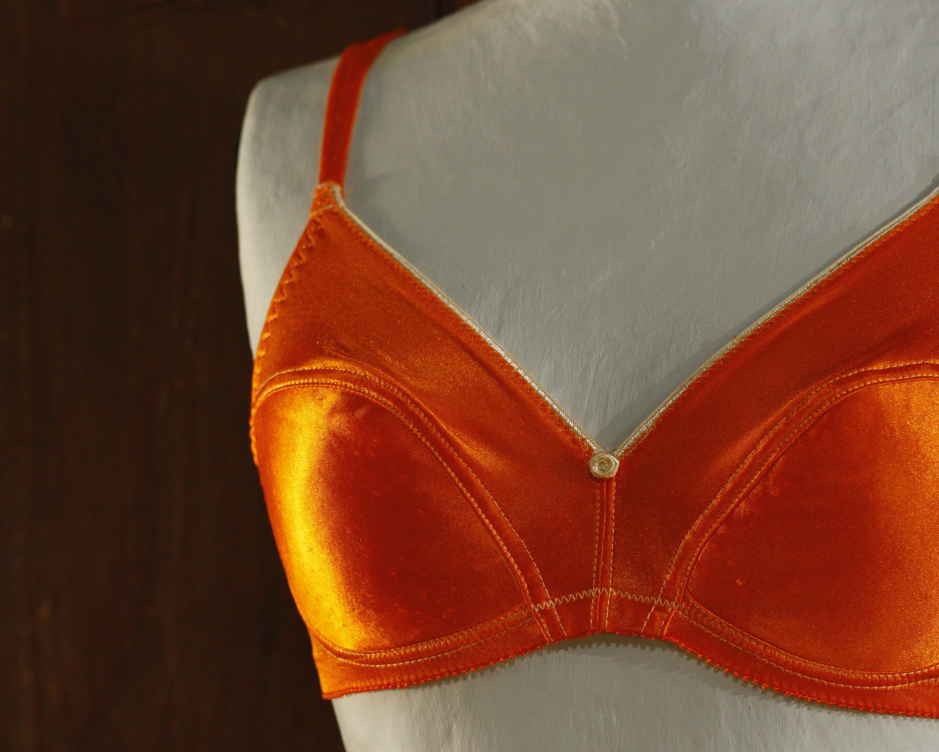 Citrus Orange Satin Hand Dyed Nylon & Spandex Bra 80's 90's // L