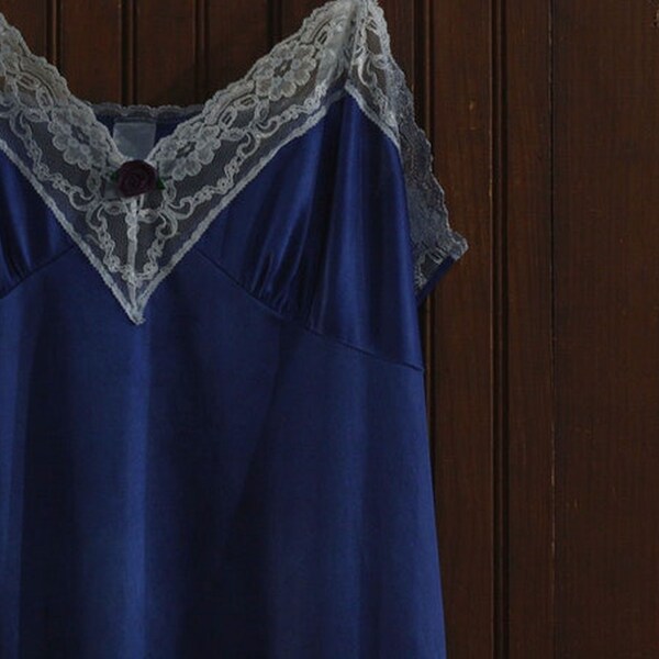 royal blue lace trim empire waist nylon slip dress 80's // 38 40