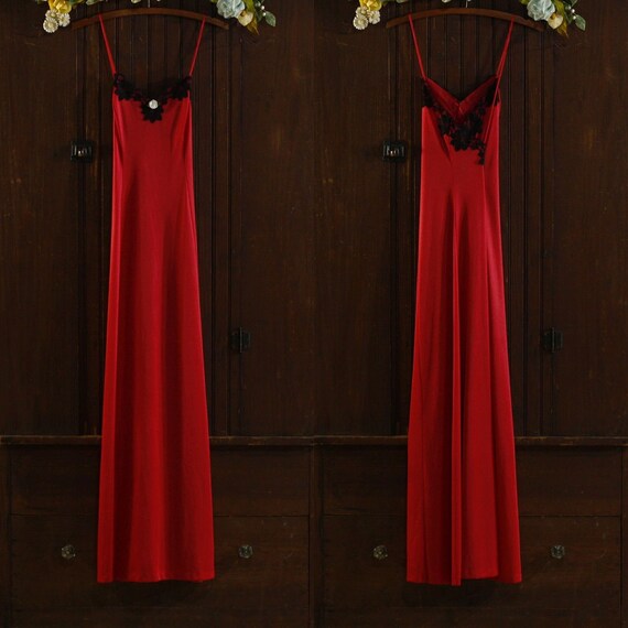 long Candy Apple Red Maxi Black floral lace night… - image 8