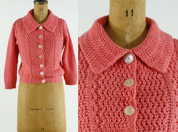 pink orlon acrylic short cardigan sweater 50's //