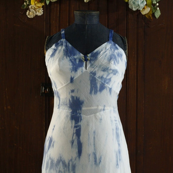 Blue and white tie dye cotton blend empire waist … - image 7
