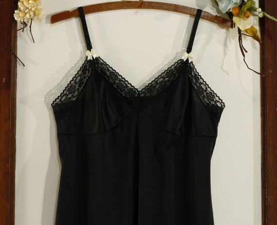 Black silky lace trim slip dress // double cream bows // 34 | Etsy