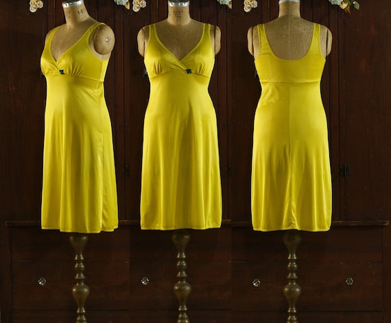 chartreuse yellow lace trim empire faux wrap waist nylon lingerie slip dress 70's 80's // Apa Creations // 36