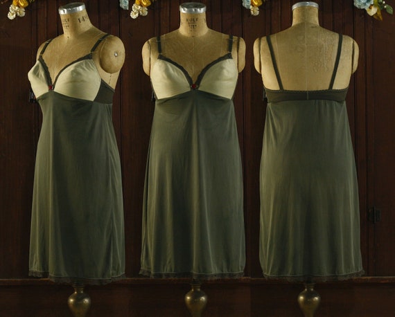 Moss Green & Beige Soft Padded Cups Stretch Bra Slip Dress 60's // 38 C 