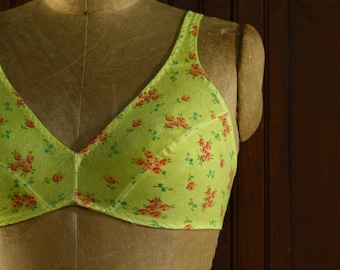 neon bright yellow floral print 90's hand dyed comfortable t-shirt cotton spandex non-adjustable straps soft stretch bra // Bestform // 36 B