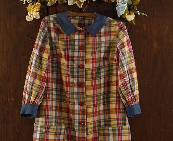 50's plaid cotton farm chore dress // house dress