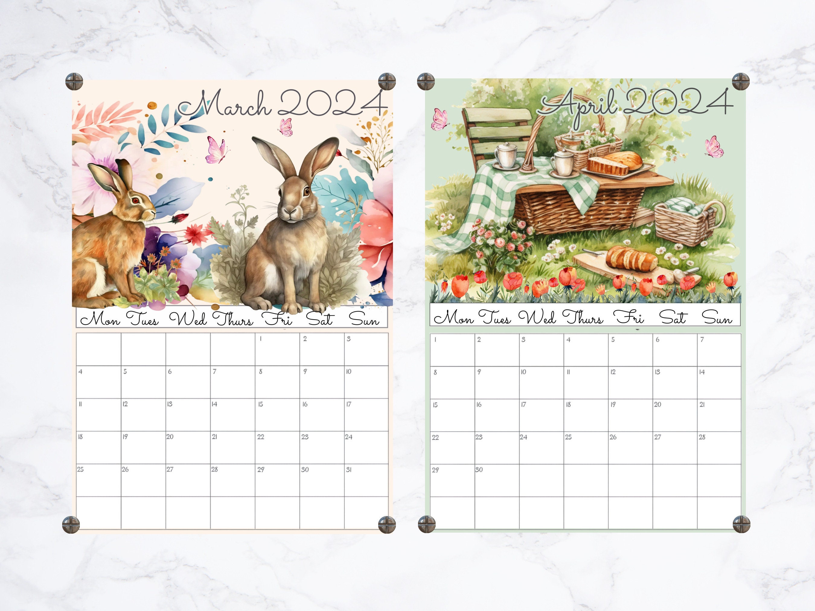 Printable 2024 Monthly Calendar for Wall 12 A4 PDF & JPG Downloads ...