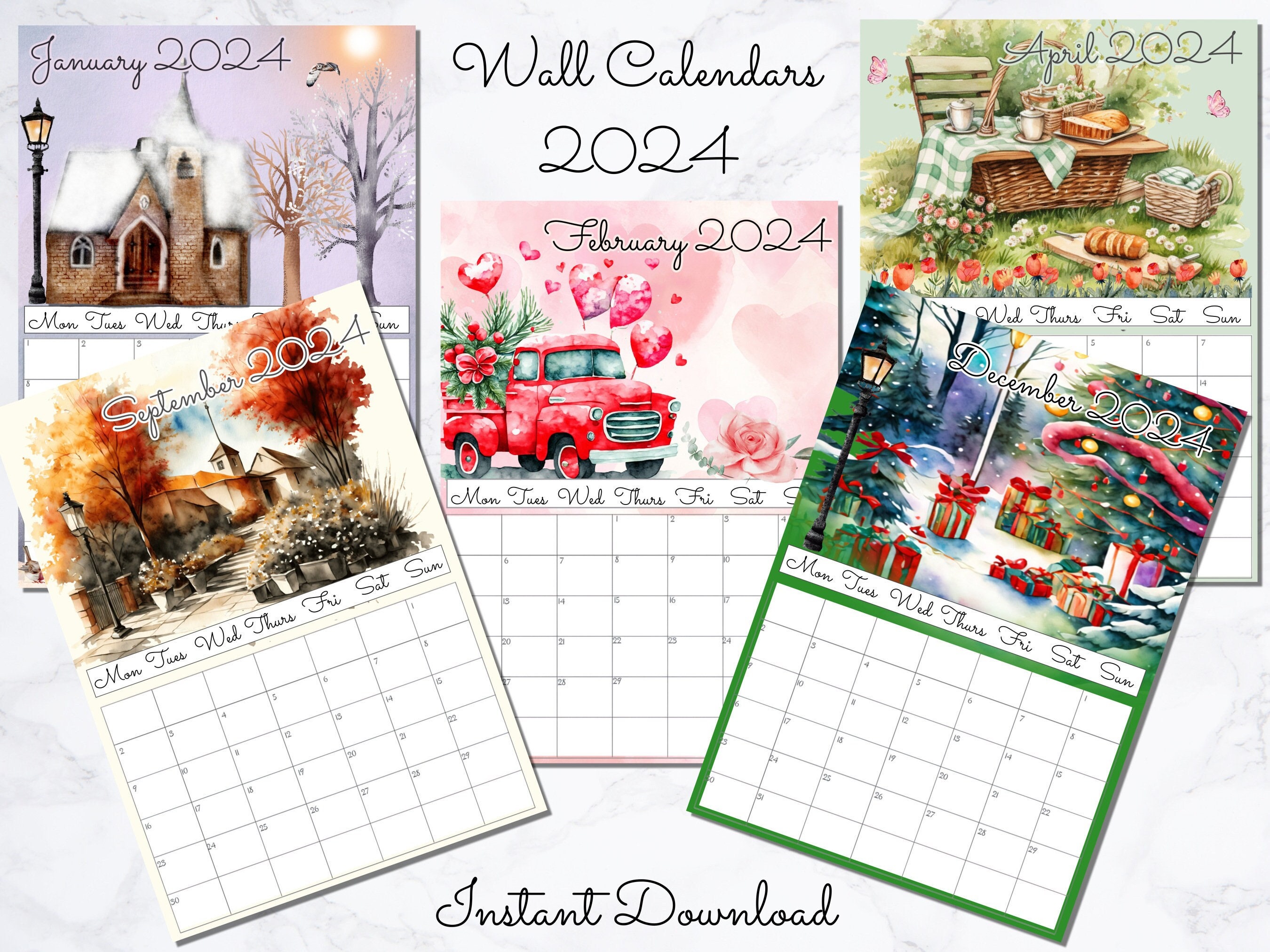 Printable 2024 Monthly Calendar for Wall 12 A4 PDF & JPG Downloads ...