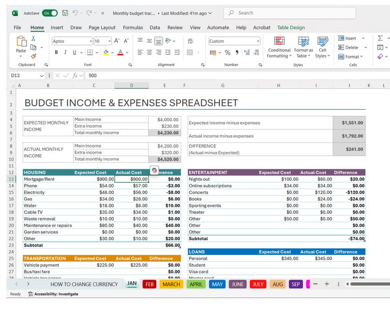 Monthly Budget Spreadsheet: Excel Template With Built-in Calculations ...