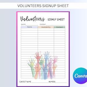 Modelo de planilha de inscrição para voluntários editável: Canva Printable (download instantâneo)