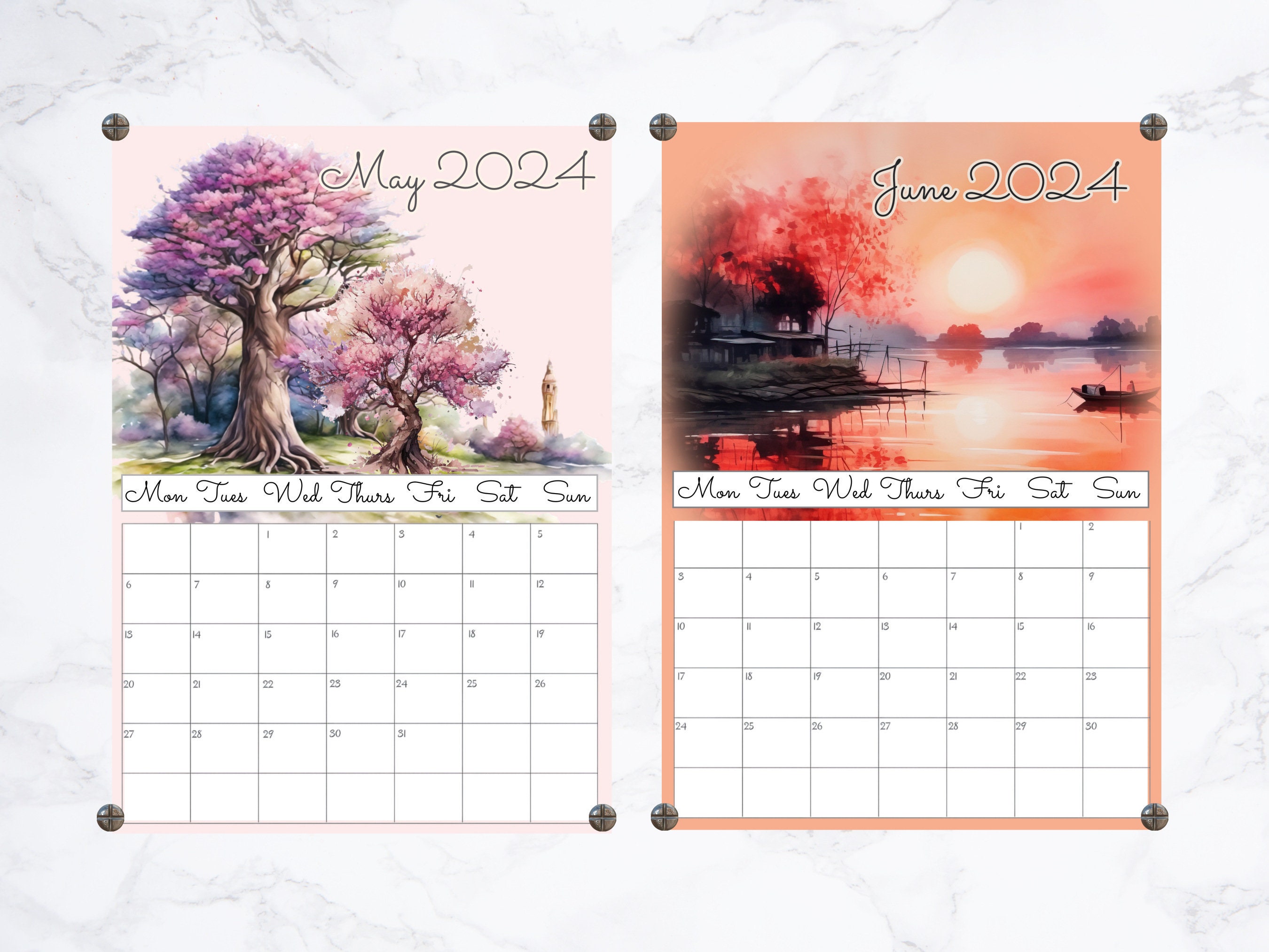 Printable 2024 Monthly Calendar for Wall 12 A4 PDF & JPG Downloads ...