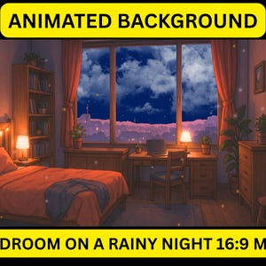 Animated Cozy Bedroom VTuber Background: Rainy Night Stream Overlay (MP4 Download)