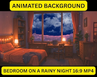 Animated Cozy Bedroom VTuber Background: Rainy Night Stream Overlay (MP4 Download)