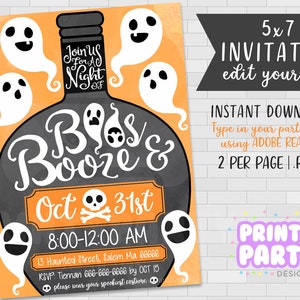 5x7 Printable Boos and Booze Halloween Party Invitations, Ghost Halloween Invitation, Adult Halloween Party, Edit Yourself, Instant Download