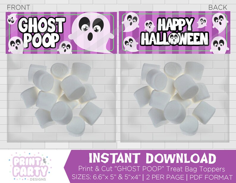 Printable Ghost Poop Halloween Treat Bag Toppers, Kids Halloween Party Favor, Halloween Classroom Gift, Loot Bag Toppers, Instant Download image 2