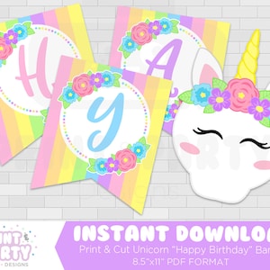 Printable Unicorn Happy Birthday Banner, Unicorn Birthday Party, Unicorn Banner, Unicorn Party, Rainbow Unicorn Party, Instant Download