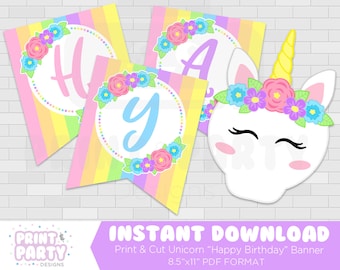 Printable Unicorn Happy Birthday Banner, Unicorn Birthday Party, Unicorn Banner, Unicorn Party, Rainbow Unicorn Party, Instant Download