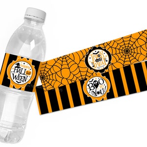 Etiquetas de botellas de agua de Halloween imprimibles, suministros para fiestas de Halloween, envolturas de botellas de agua de Halloween, truco o trato, beba y détele miedo