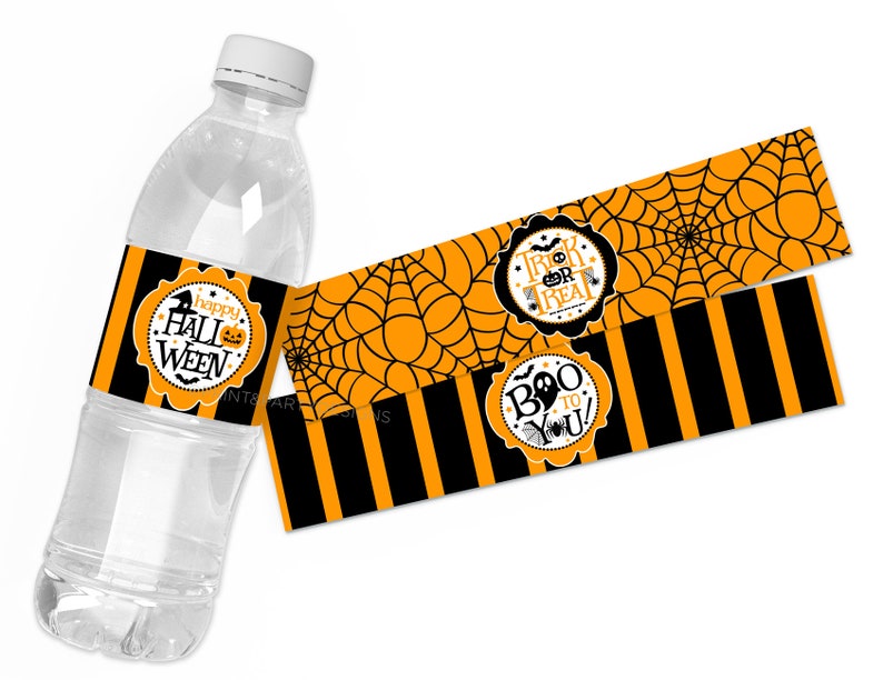 Druckbare Halloween Wasserflasche Etiketten, Halloween-Party liefert, Halloween Wasserflasche Wraps, Trick oder behandeln, trinken und beängstigend sein Bild 1