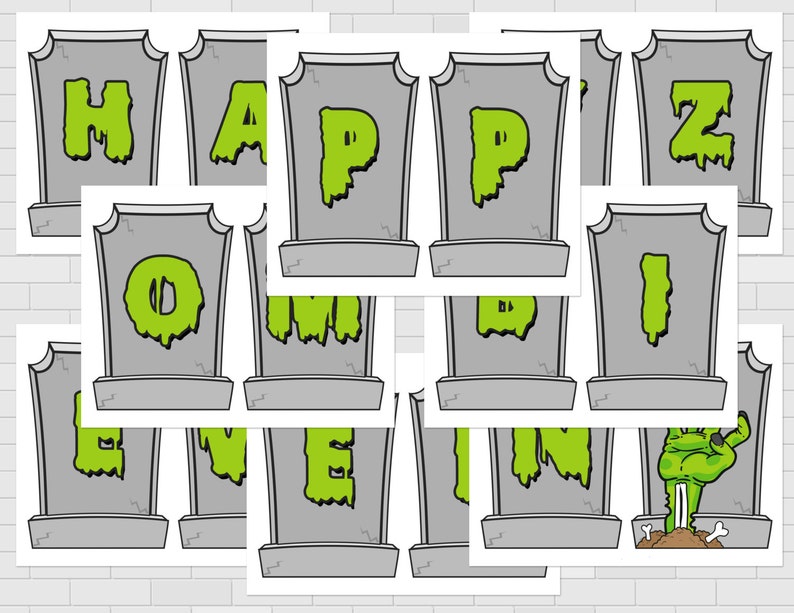 Printable Zombie Happy Zombieween Banner, Zombie Halloween Party Decorations, Zombie Bunting, Walking Dead Party, Instant Download image 2