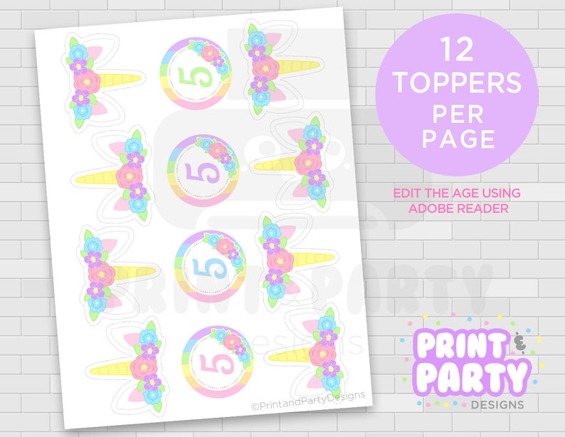 printable girl unicorn horn cupcake toppers and wrappers etsy