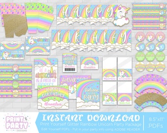Printable Rainbow Unicorn Birthday Party Decorations, Girl's Unicorn Party, Unicorn Printable Party, Print Yourself, Instant Download