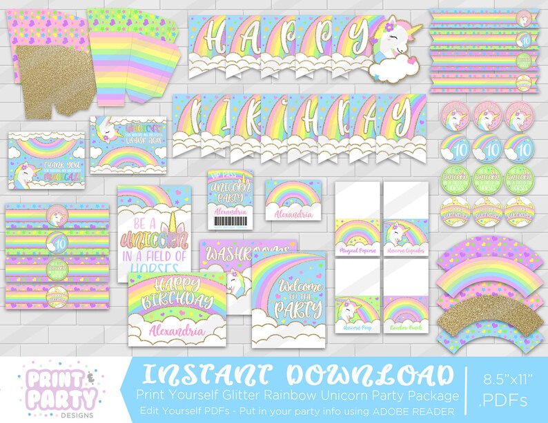 printable rainbow unicorn birthday party decorations etsy