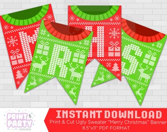 Printable Ugly Sweater Banner - Ugly Sweater Merry Christmas Banner - Christmas Party Banner - Merry Christmas Banner - Instant Download