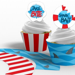 Printable Shark Cupcake Toppers and Wrappers, Boy&#39;s Shark Birthday Party, Shark Week Party, Shark Cupcakes, Edit Yourself, Instant Download