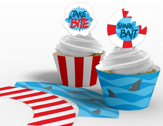Printable Shark Cupcake Toppers and Wrappers, Boy's Shark Birthday Party, Shark Week Party, Shark Cupcakes, Edit Yourself, Instant Download Il_570xn