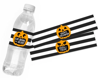 Printable Jack O Lantern Halloween Water Bottle Labels, Halloween Party Supplies, Pumpkin Halloween Water Bottle Wraps, Instant Download