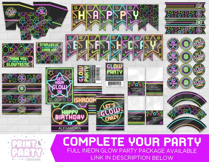 May include: A neon glow party printable set with a black background and colorful neon text. The set includes a banner, cupcake toppers, favor tags, and more. The text on the banner reads "Happy Birthday Alexandria".
